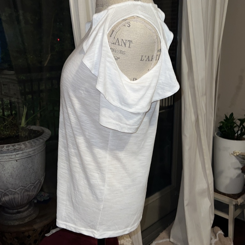 Juicy Couture white flutter open shoulder shortsleeve womens blouse Small shirt - Picture 5 of 6